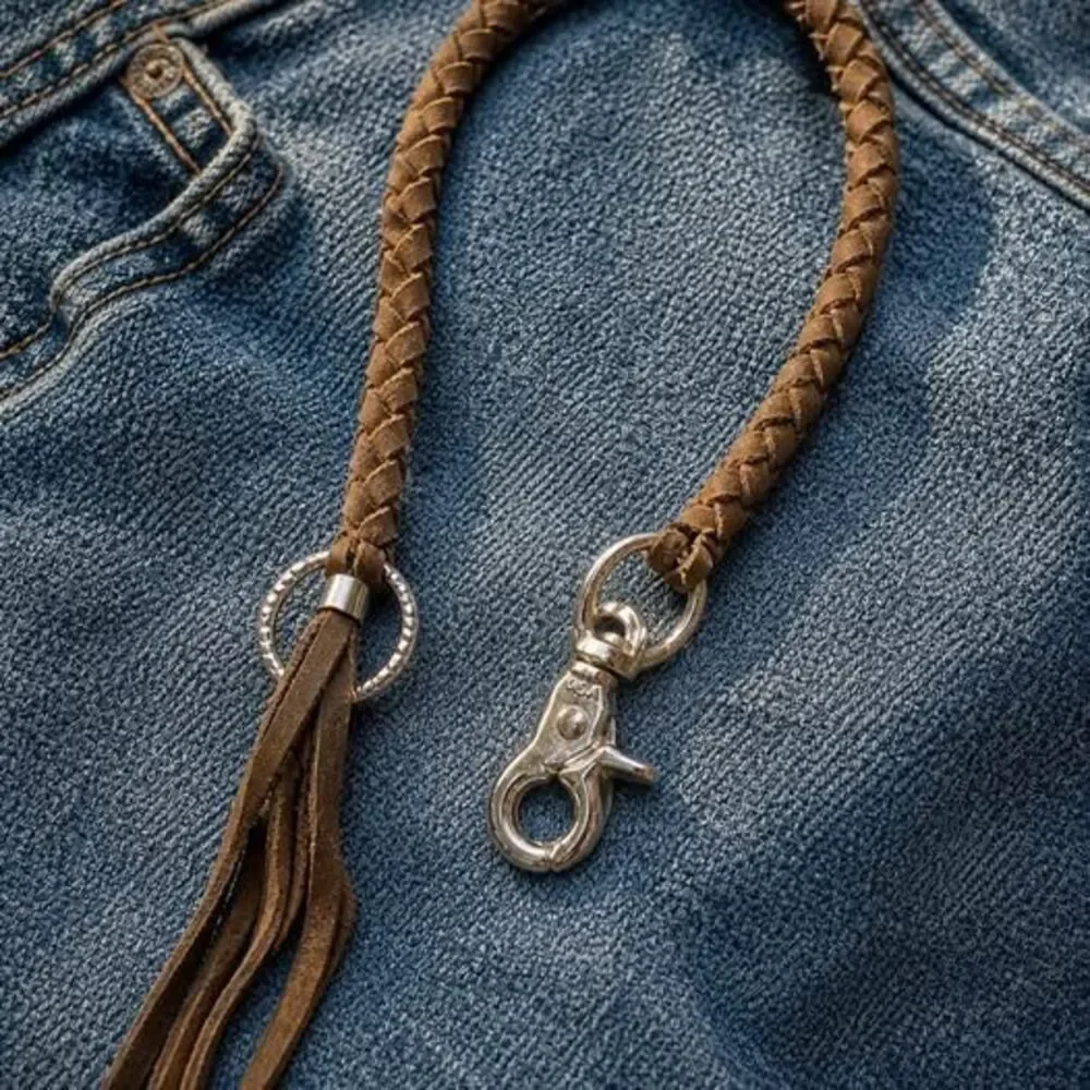 Braided Leather Wallet Lanyard Chain Long Silver Biker Trucker Handmade Brown